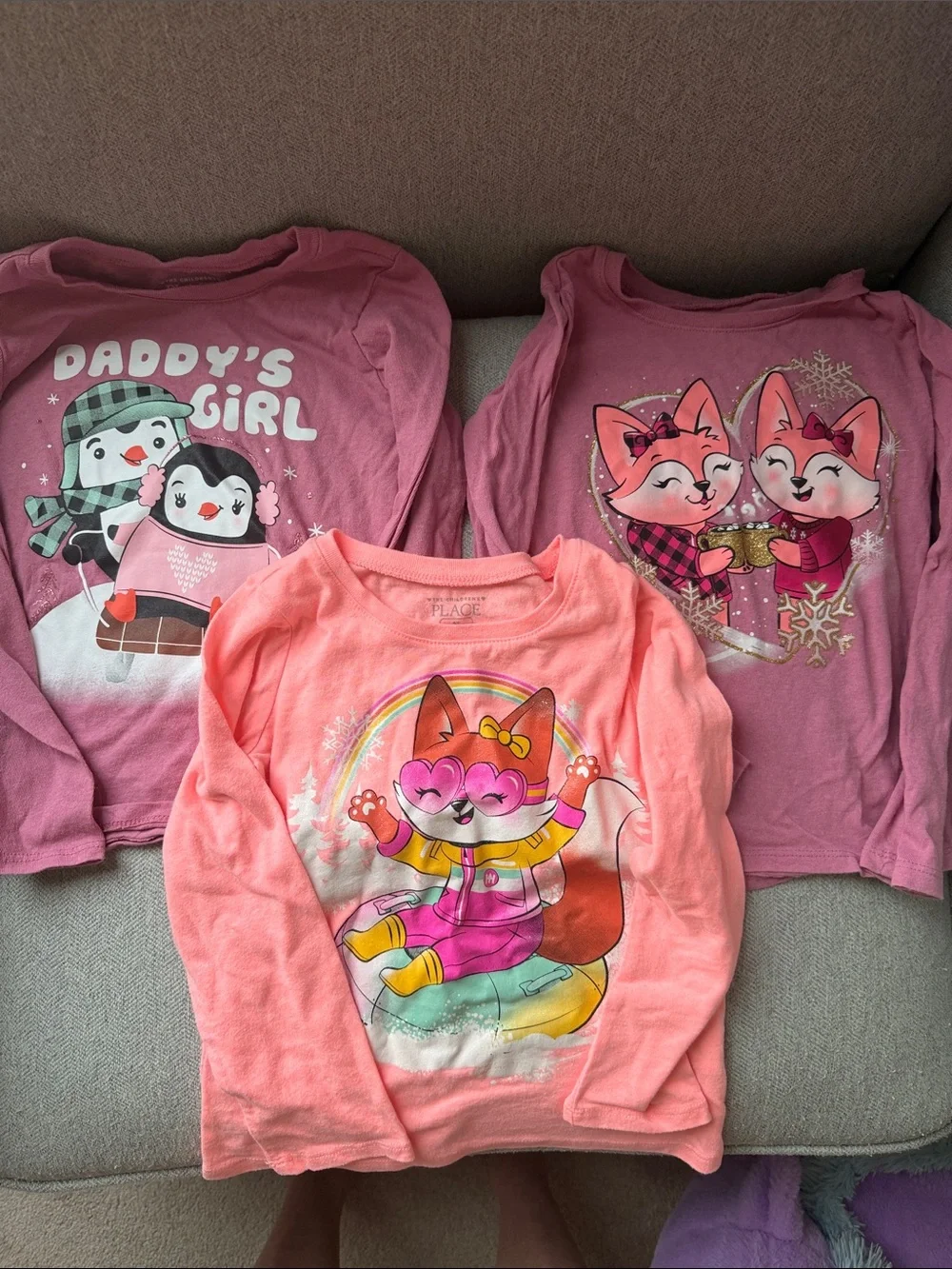 Like New 4T Coral & Mauve Fox & Penguin Long Sleeve Tee Bundle